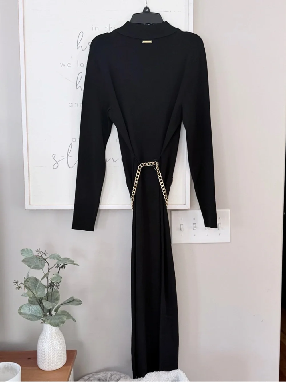 Michael KORS Stretch Viscose Gold Chain Belted Signature Black Midi Dress Medium